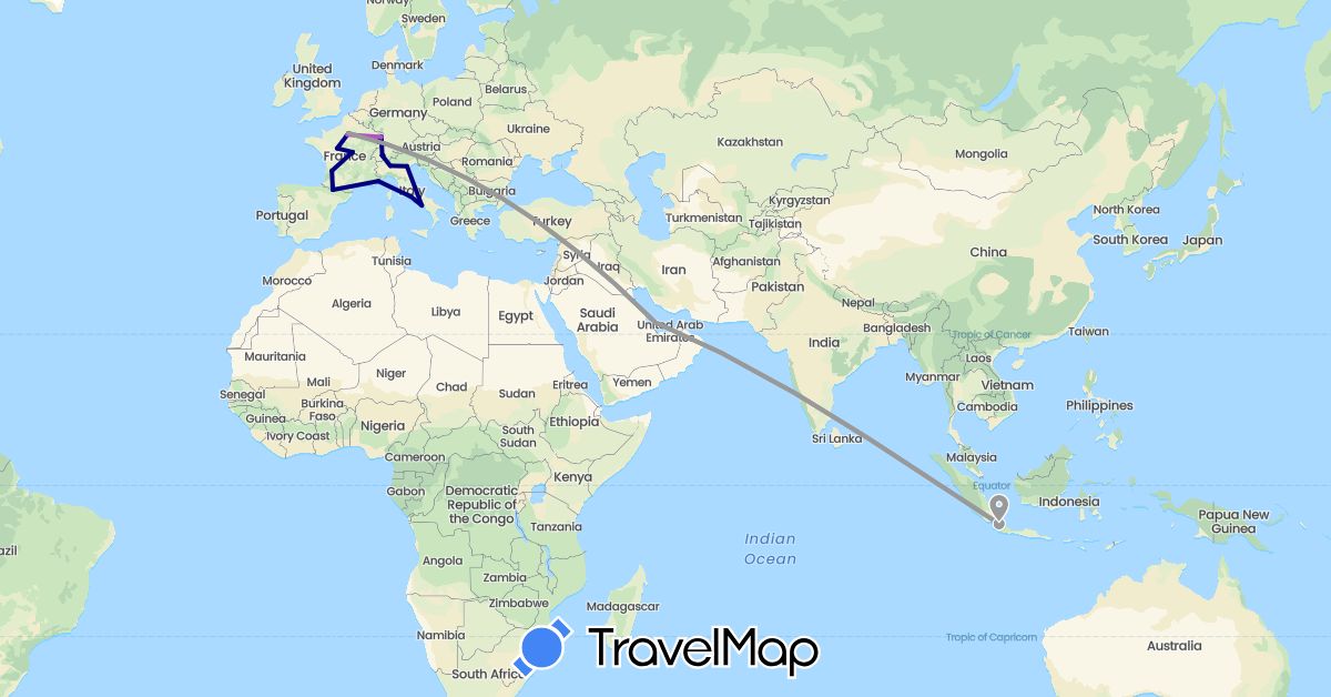 TravelMap itinerary: driving, plane, train in Switzerland, France, Indonesia, Italy, Qatar, Vatican City (Asia, Europe)